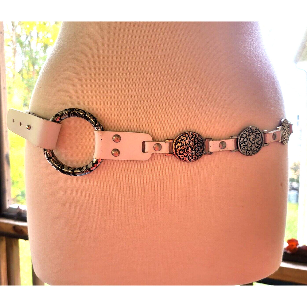 Vtg Antoniazzi Firenze White Leather Belt Silver Medallions Made in Italy M 39"